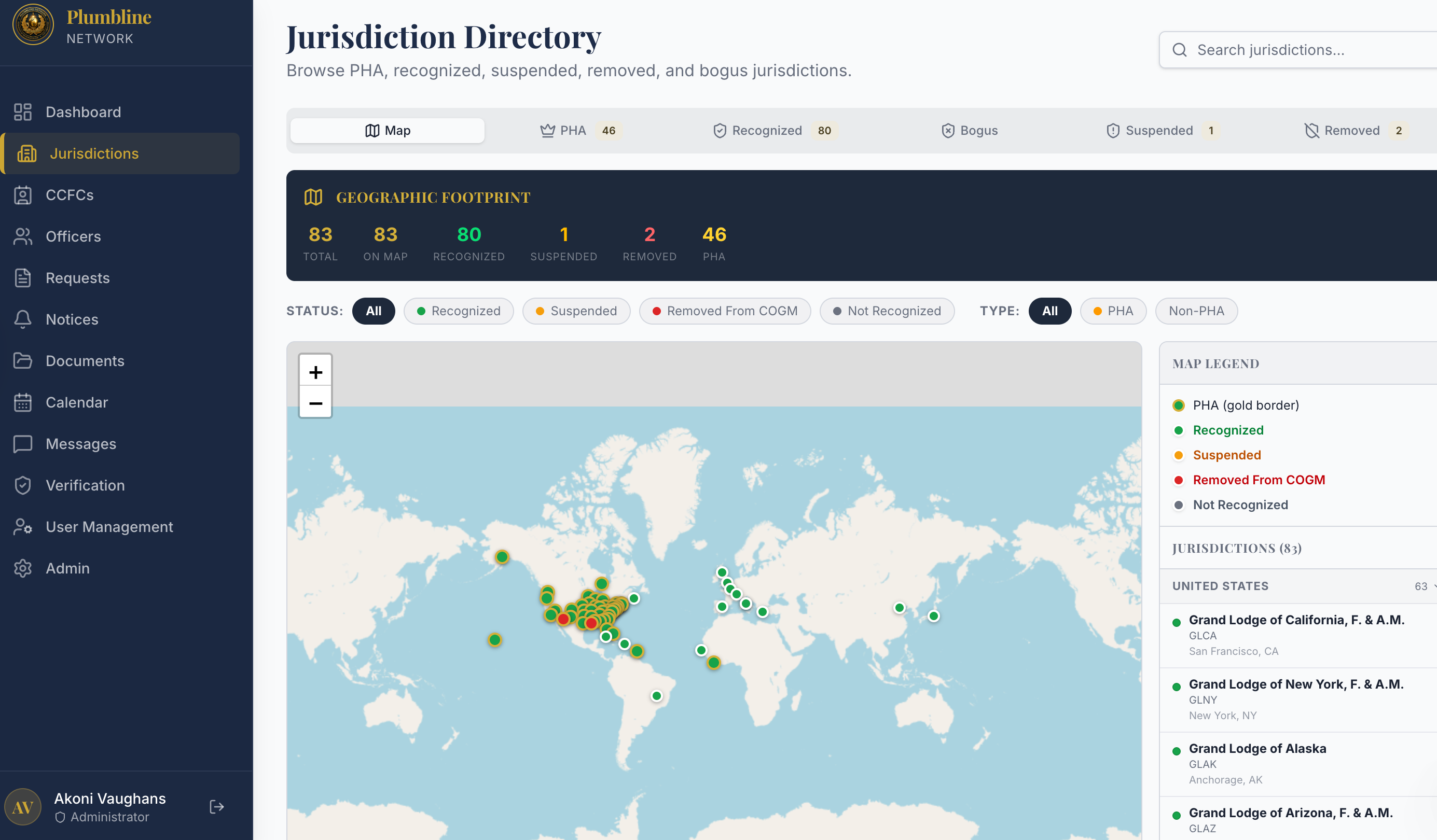 Jurisdiction Directory page showing an interactive world map with geographic footprint statistics and a list of grand lodges grouped by country.