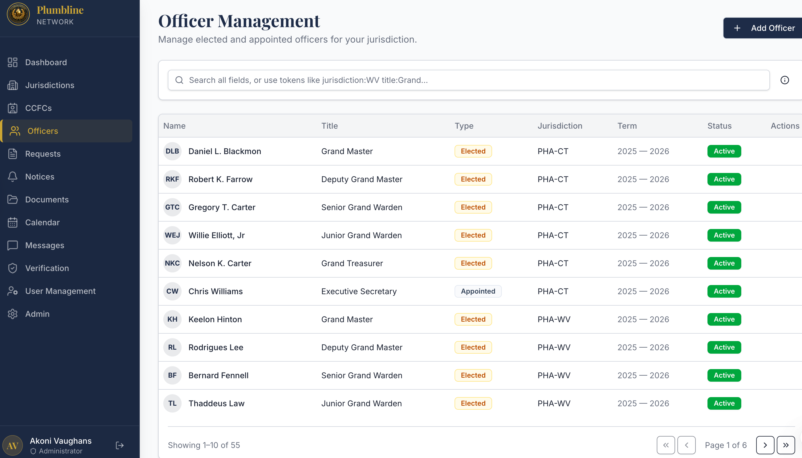 Officer Management page listing grand line officers with name, title, type, jurisdiction, term, and active status.